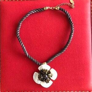 Flower pendant necklace, statement piece, brown fabric chain.